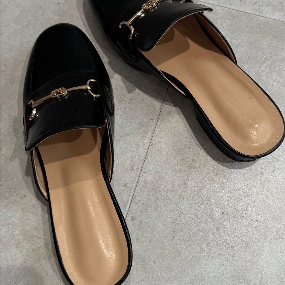 Black and Gold Mules with Horsebit Detail